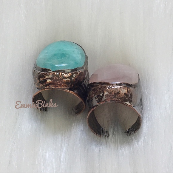 New Natural Rose Quartz & Textured Copper Statement Cocktail Ring - Picture 3 of 16